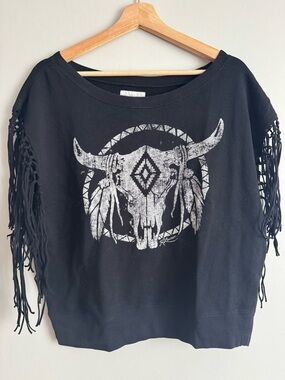 Denim & Supply Ralph Lauren Fringe Bull Skull Sweatshirt Boho Western L vintage